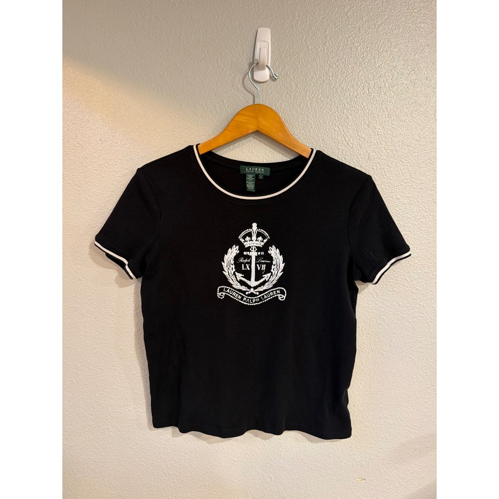 Lauren Ralph Lauren Graphic Tee Womens Small Black Nautical Beaded Anchor Crest